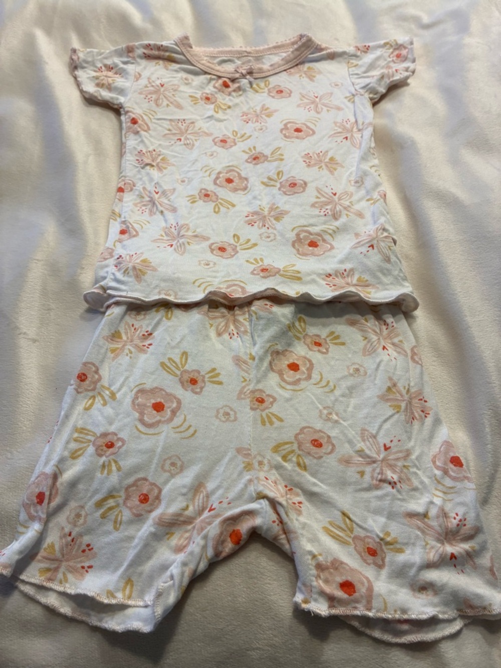 Girls' Floral Short Pajama Set - White with Pink & Peach Flowers